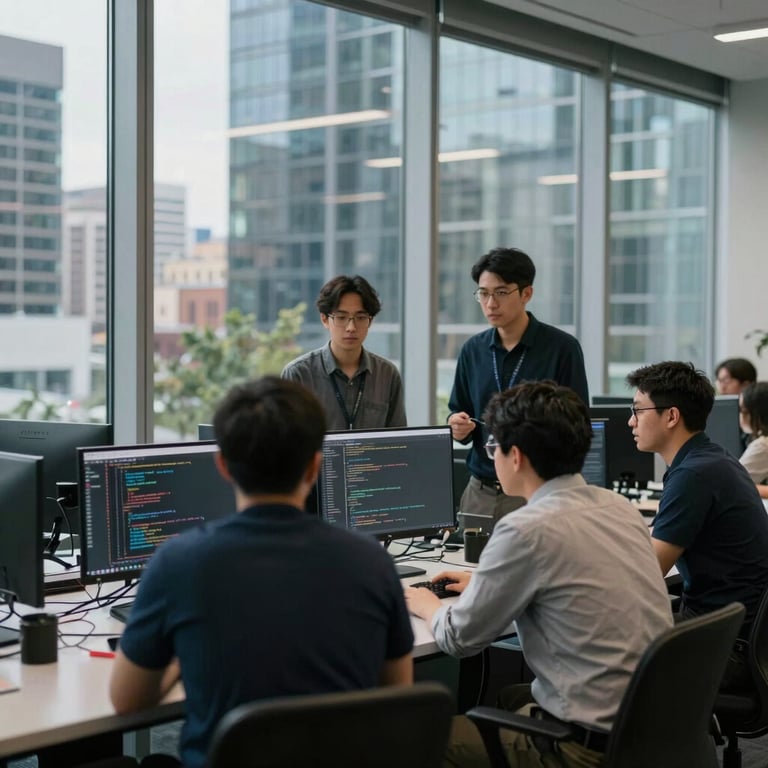 A team of developers in a North American / US tech hub discussing code near a large glass wall reflecting the city.