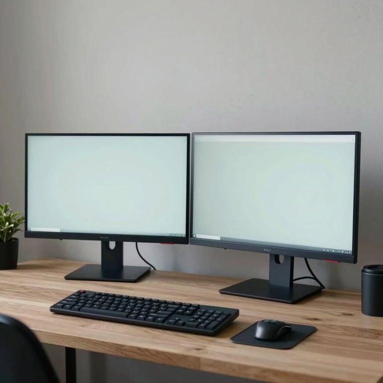 A minimalist North American / US home office setup with dual monitors and professional equipment in shades of Dark Navy and Pale Mist.