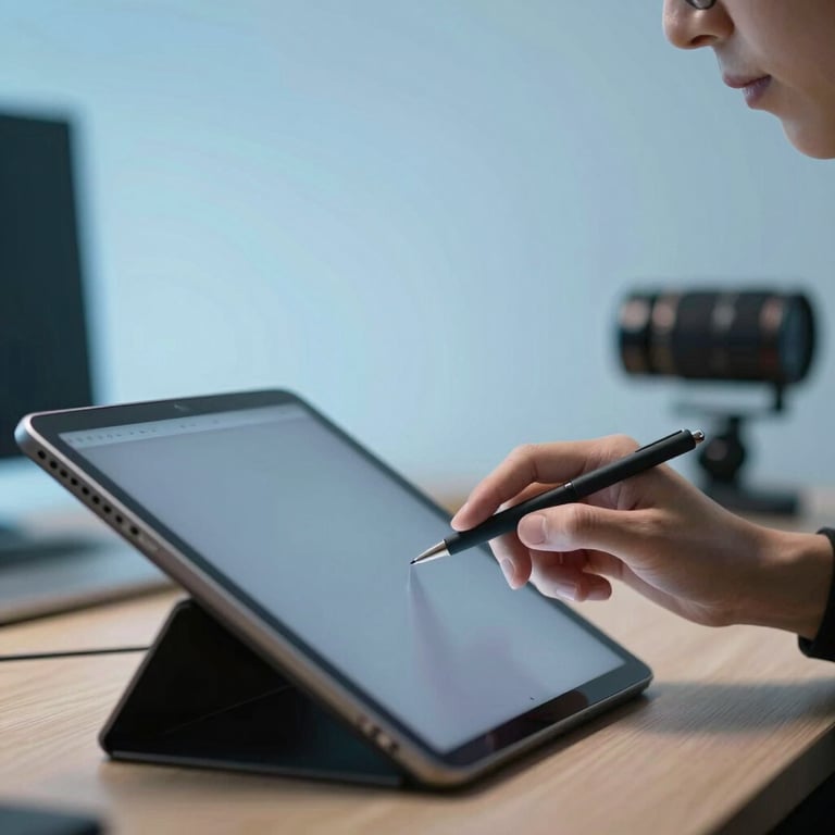 A close-up of a designer using a high-resolution tablet in a North American / US creative studio with Soft Sky Blue ambient light.