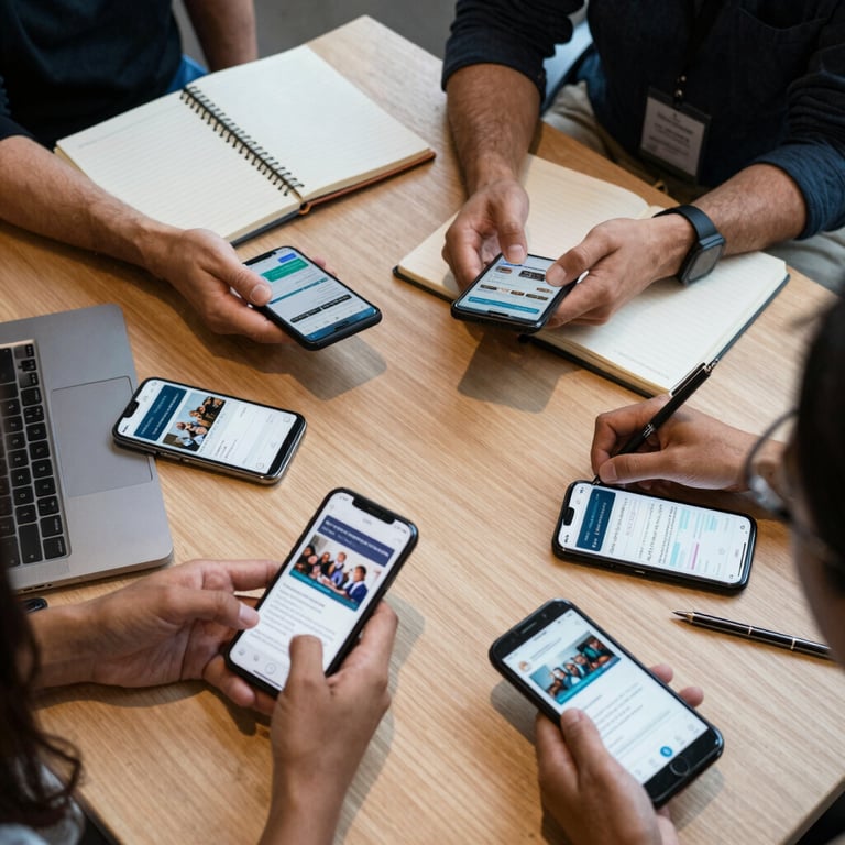 An overhead view of a collaborative mobile app planning session in a North American / US workspace with digital devices and notebooks.