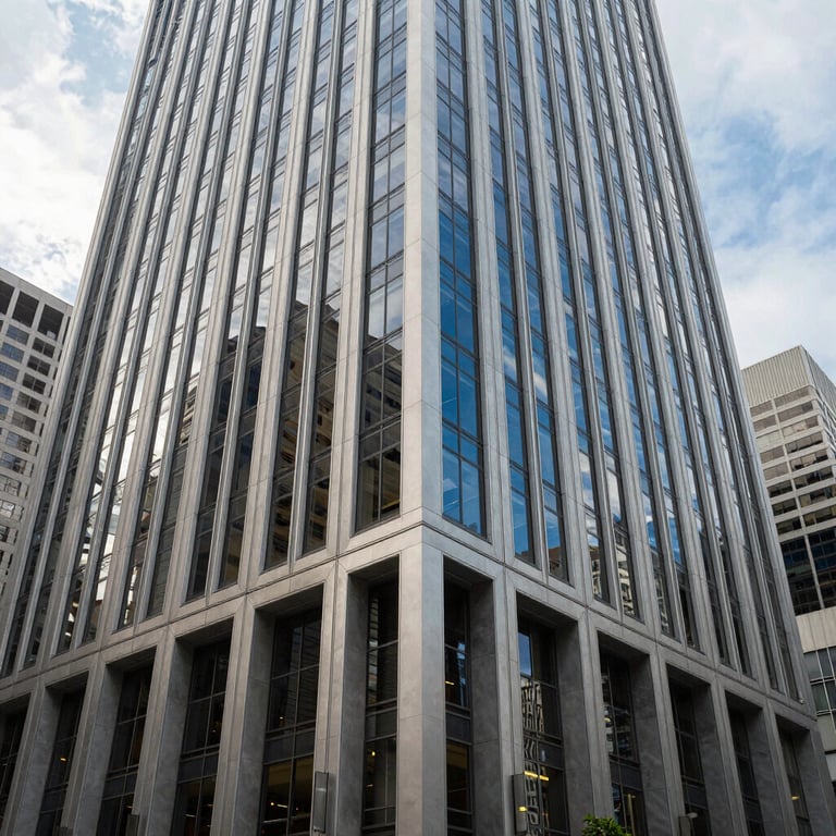 A modern skyscraper office lobby in a North American / US metropolitan area with architectural lines in Pale Mist and Deep Blue.