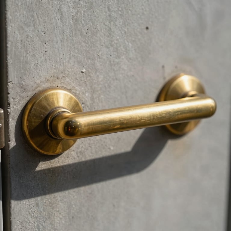 Extreme close-up of custom hand-burnished brass door handle, raw concrete background, high-contrast directional morning light.