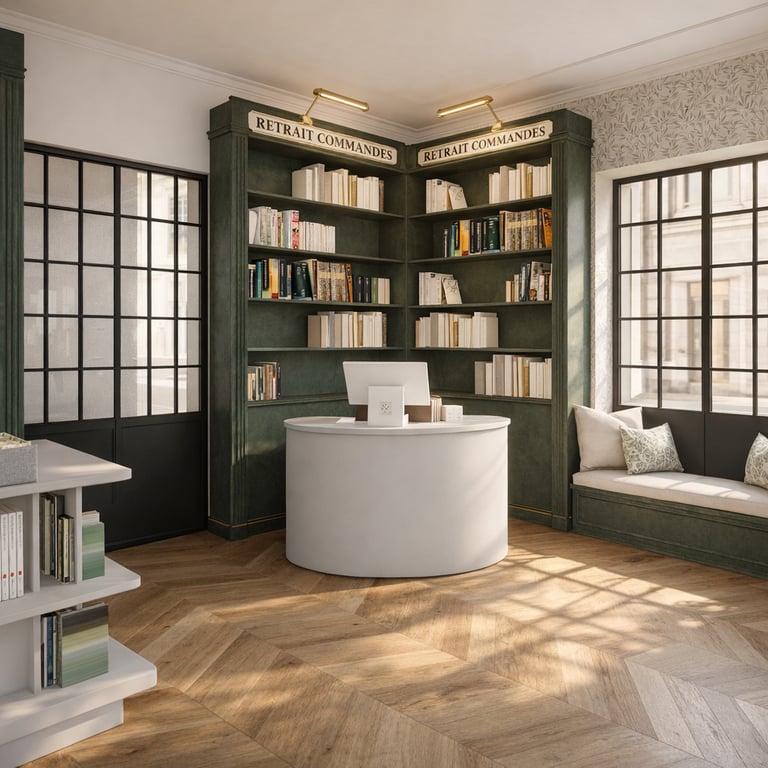 Modern bookstore interior featuring a curved white reception desk, green built-in bookshelves, and parquet flooring.