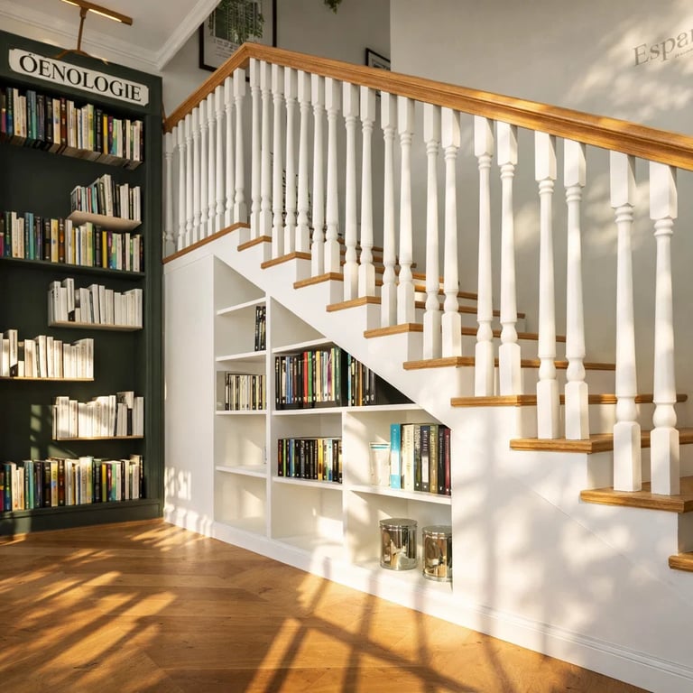 Modern wooden staircase with built-in white bookshelves and library storage in a bright home interior.