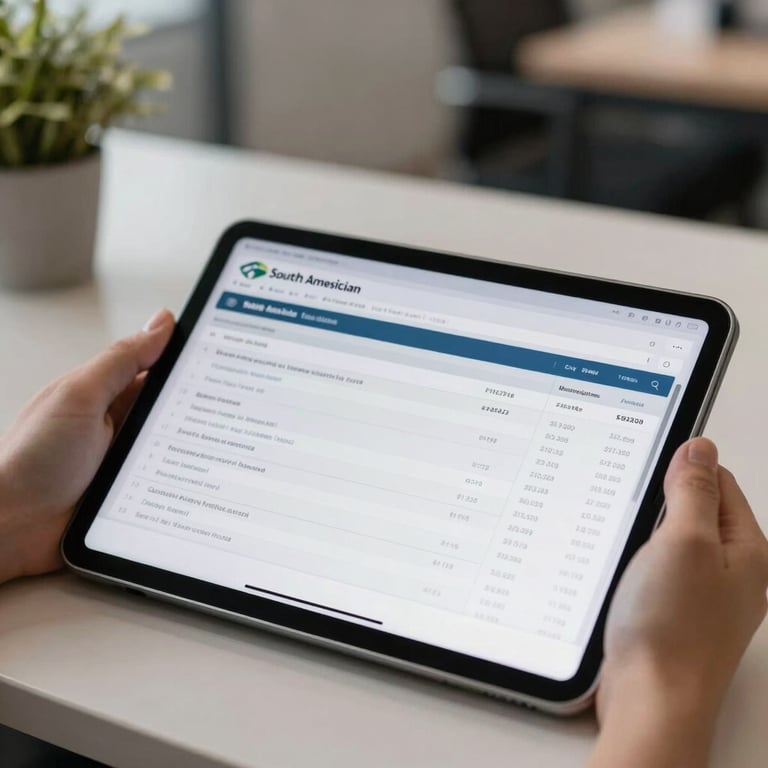 A digital tablet displaying clean financial spreadsheets in a modern South American / Brazilian corporate environment.