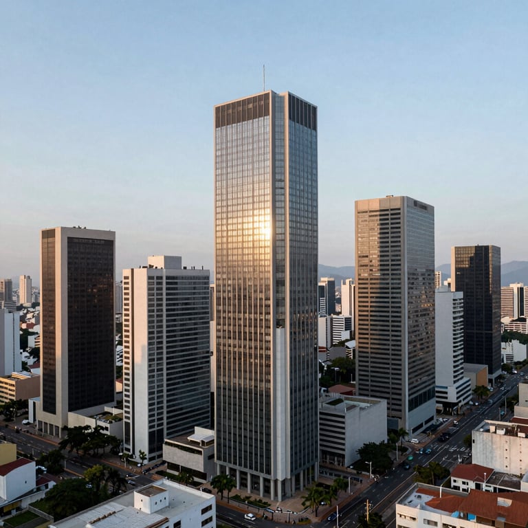 An aerial view of a clean, modern business district in a South American / Brazilian capital under a soft pale blue sky.