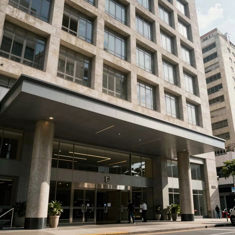 Architectural detail of a modern office building entrance in a South American / Brazilian city, emphasizing stability and strength.