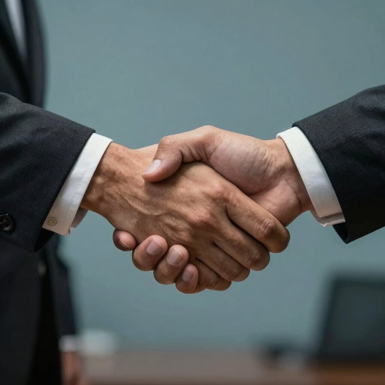 Close-up of a professional handshake in a South American / Brazilian office, muted teal blue background, representing a signed agreement.