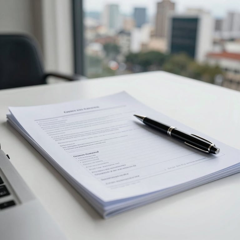 Organized financial documents and a sleek pen on a cool white mist desk in a South American / Brazilian city setting.