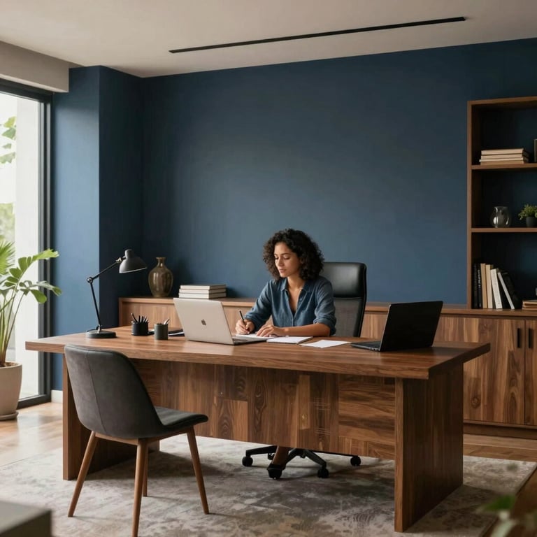 A modern South American / Brazilian family office interior with dark slate blue accents and warm, professional lighting.