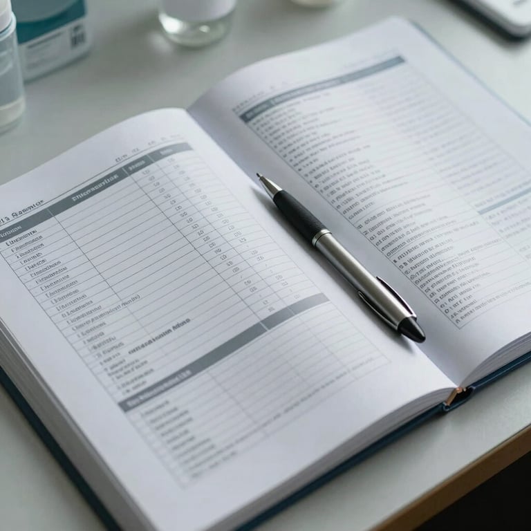 Overhead close-up of an open pharmaceutical reference binder on a clinical desk, printed drug monographs with structured tables visible, clinical daylight from above, a single pen resting on the page