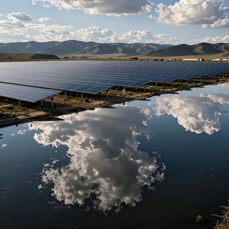 Reflections of clouds in the glossy, dark surface of a large-scale solar field located in a wide North American valley.