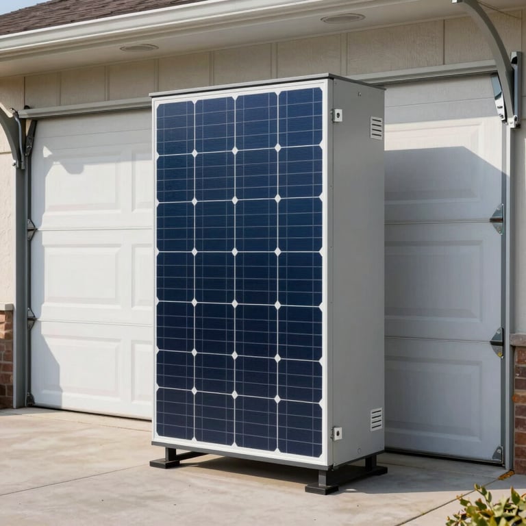 A clean, modern solar battery storage unit installed in a neat, professional North American / US garage setting.