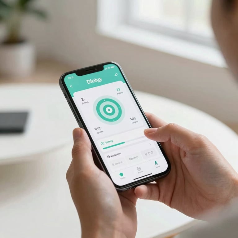 Detail of a person using a digital energy management app on a smartphone inside a bright, modern minimalist interior.