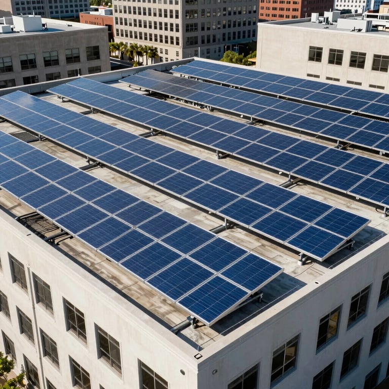 Wide shot of a commercial building in a US city with a massive, clean rooftop solar array reflecting the blue sky.