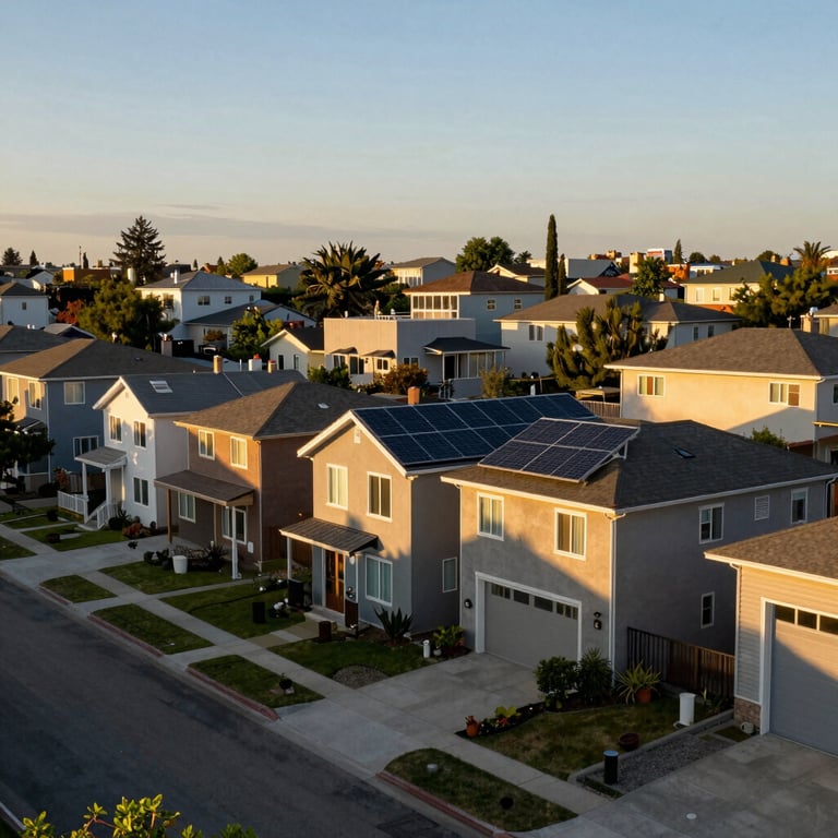 Golden hour light hitting a residential street in North America where several modern houses feature rooftop solar power.