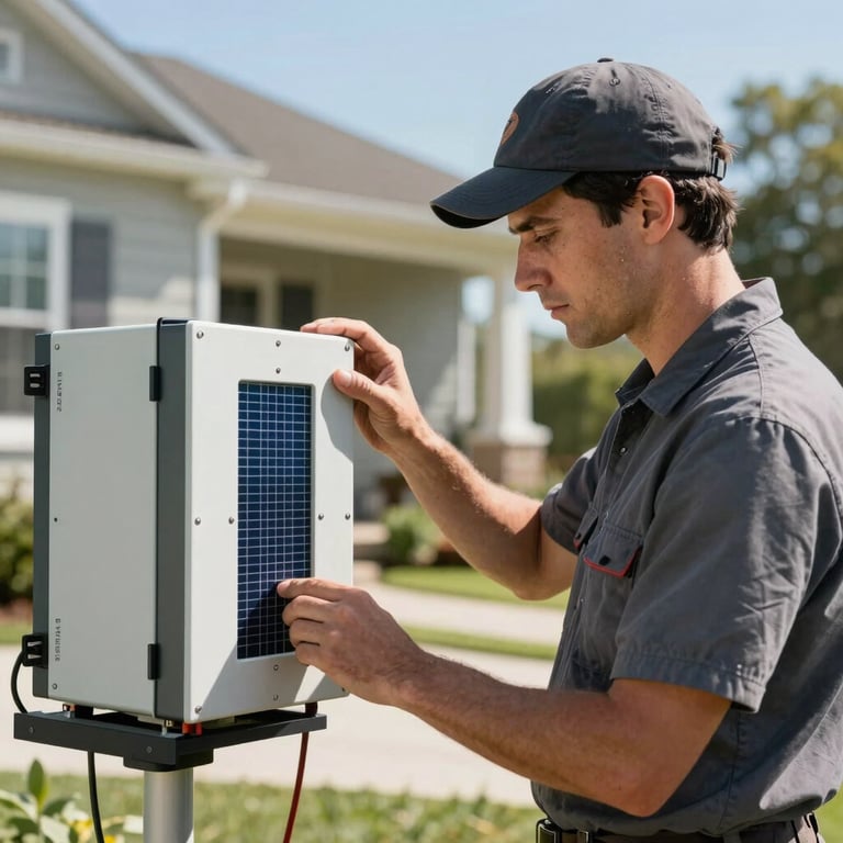 A technician in professional attire inspecting a solar inverter on a North American / US residence during a sunny day.