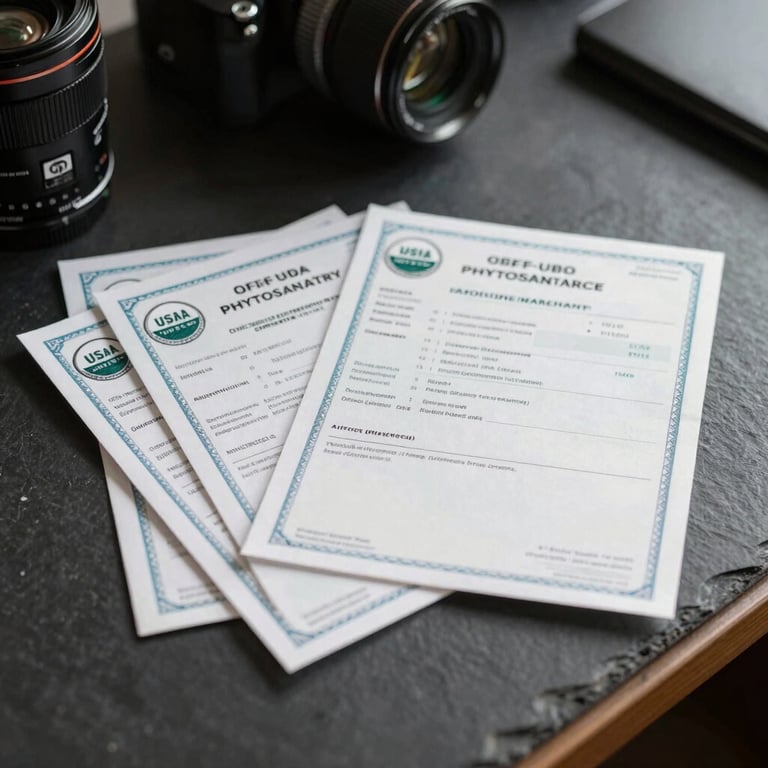 A clean stack of official USDA phytosanitary certificates and trade documentation on a dark slate desk, crisp morning light.