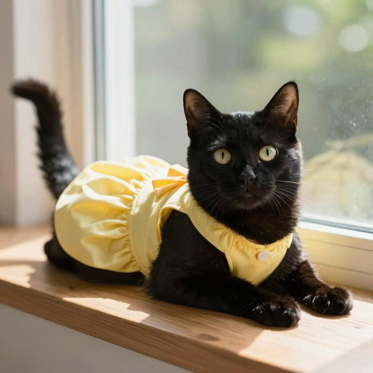A cute black cat wearing a stylish yellow dress while lounging on a sunny wooden windowsill.