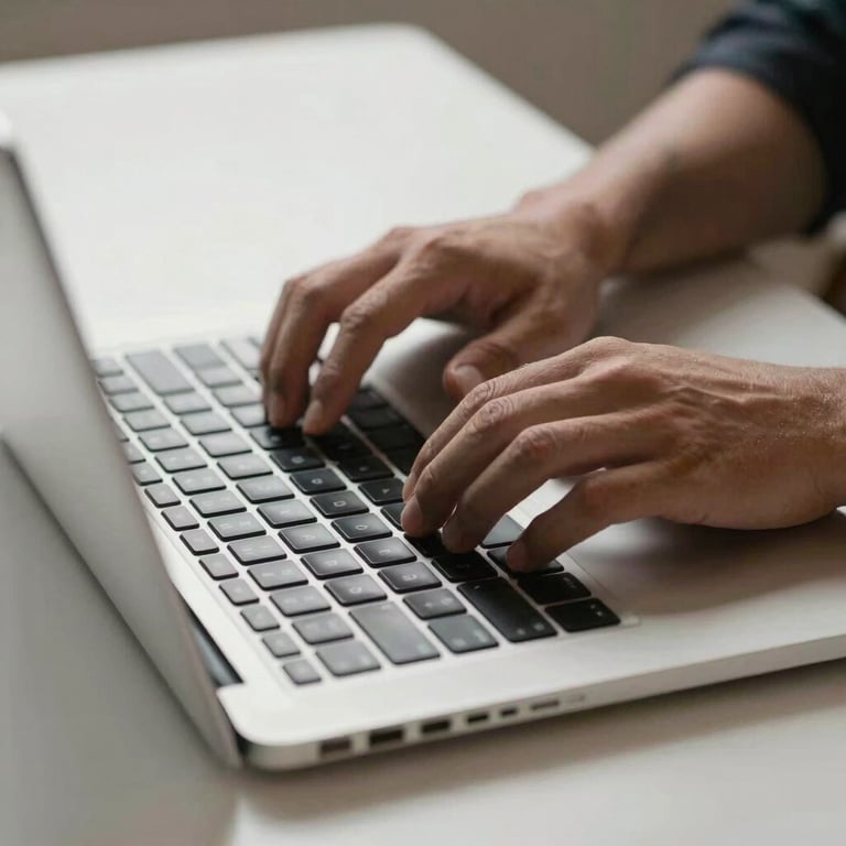 A close-up of hands typing on a high-end silver laptop on a clean desk.