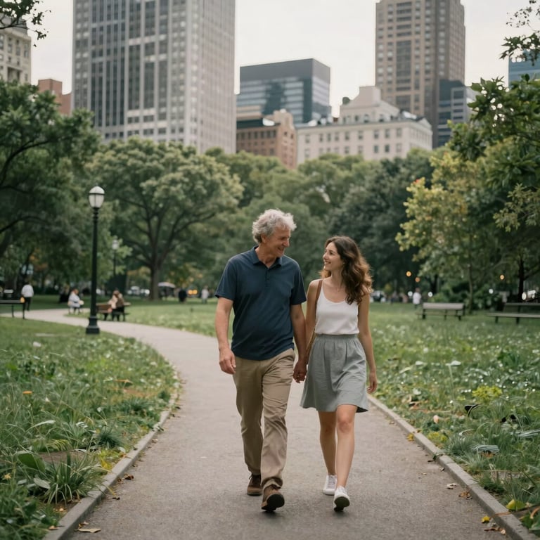 A relaxed couple walking in a green city park in a North American metropolitan area.