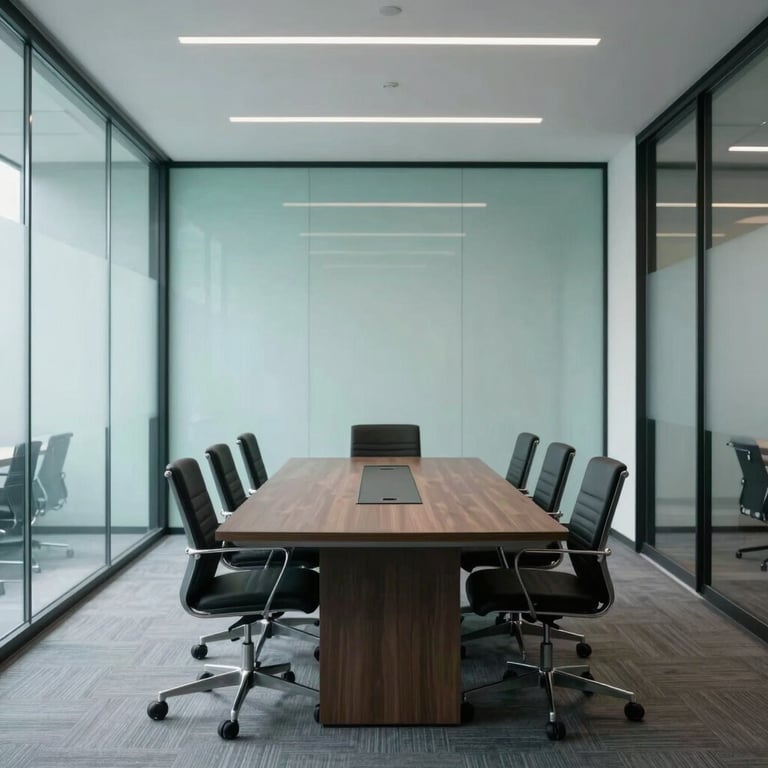 A clean, minimalist meeting room with glass walls and professional teal accents.