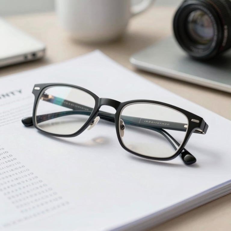 A pair of glasses resting on a financial document in a bright, modern office.
