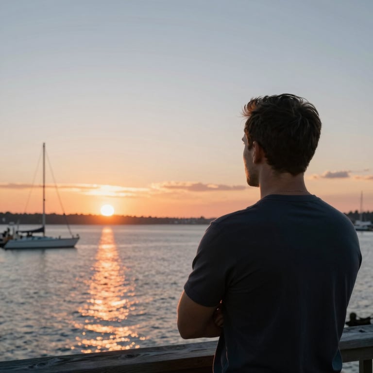 A professional looking at a sunrise over a North American harbor, symbolizing financial freedom.