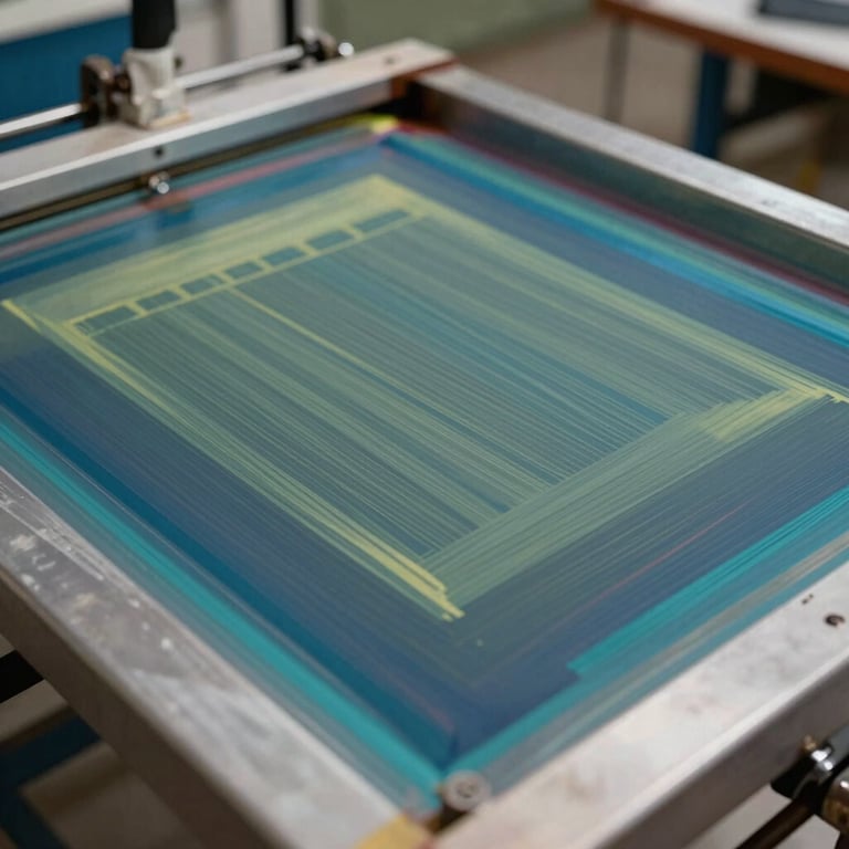 Close-up of a high-quality serigraphy screen printing process in a Mexican workshop.