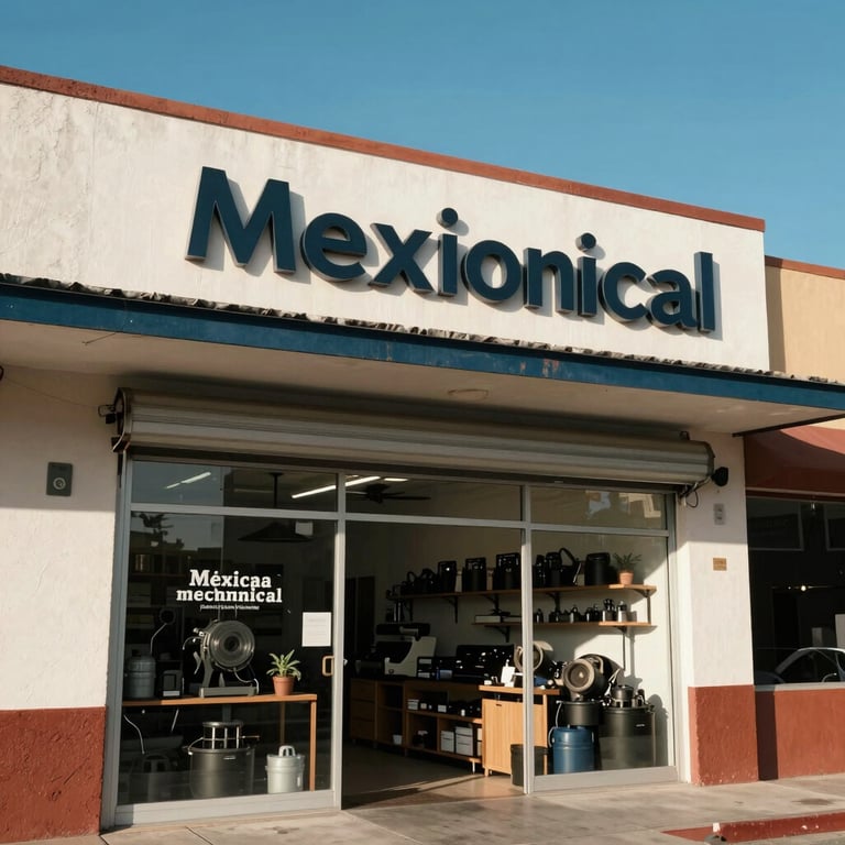 Exterior of a neat Mexican mechanical shop with professional signage under clear blue sky.