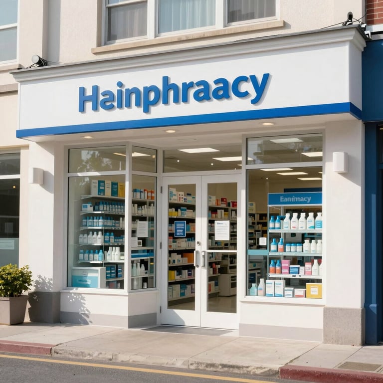 The bright and welcoming entrance of a local neighborhood pharmacy with white and blue accents.