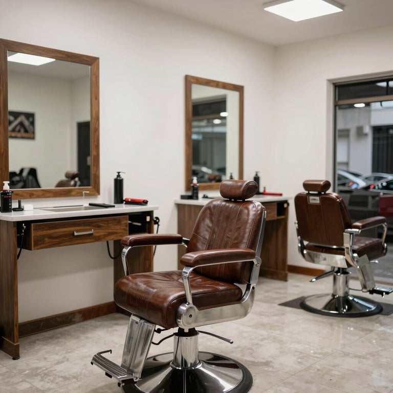 Interior of a modern and clean barbershop in a Latin American neighborhood with leather chairs.