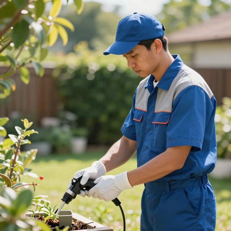 A pest control professional in a clean uniform providing service in a sunny garden.