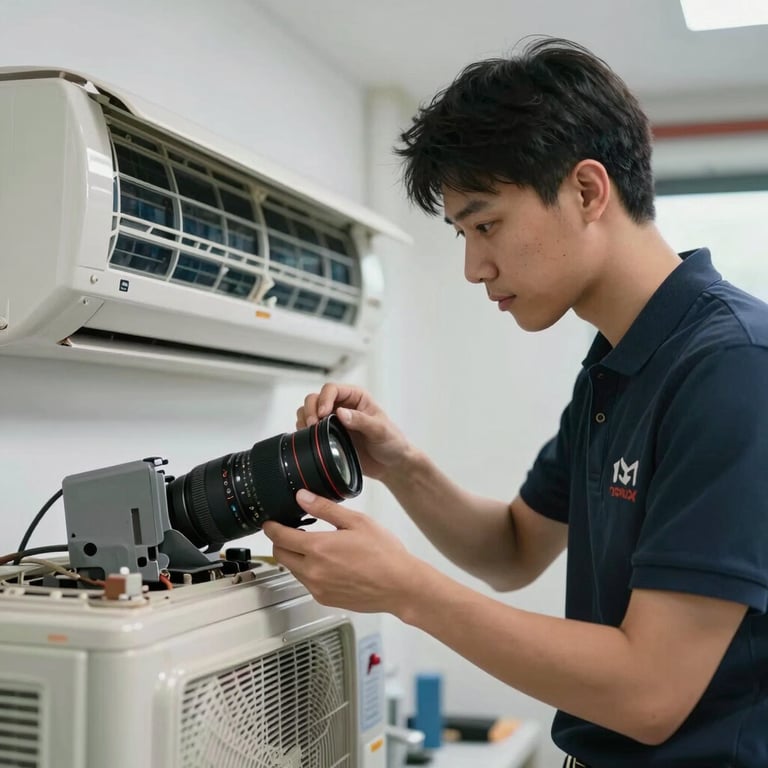 A professional technician in a branded polo shirt repairing an air conditioning unit.