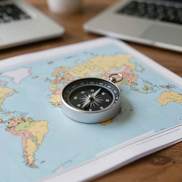 A professional compass and a world map on a desk, symbolizing strategic logistics planning.