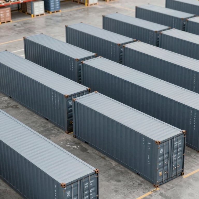 A high-angle view of a well-organized logistics warehouse with shipping containers in shades of #546E7A.