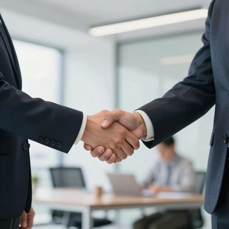 Two professionals in business attire shaking hands in a bright, modern office space.