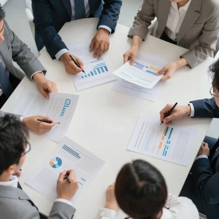 An overhead shot of a team collaborating on business management documents around a table.