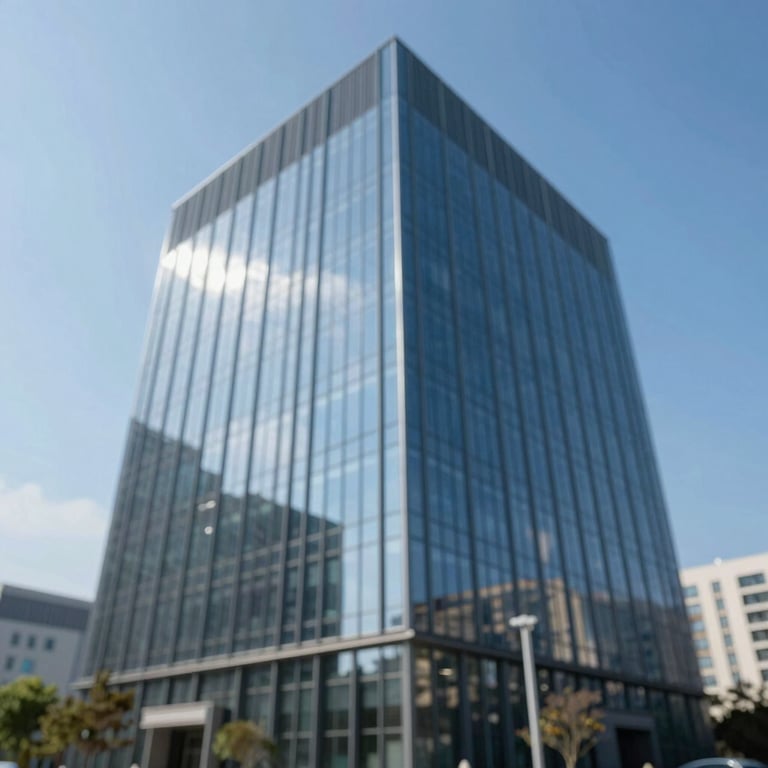 The sleek glass facade of a modern corporate headquarters reflecting a clear blue sky.