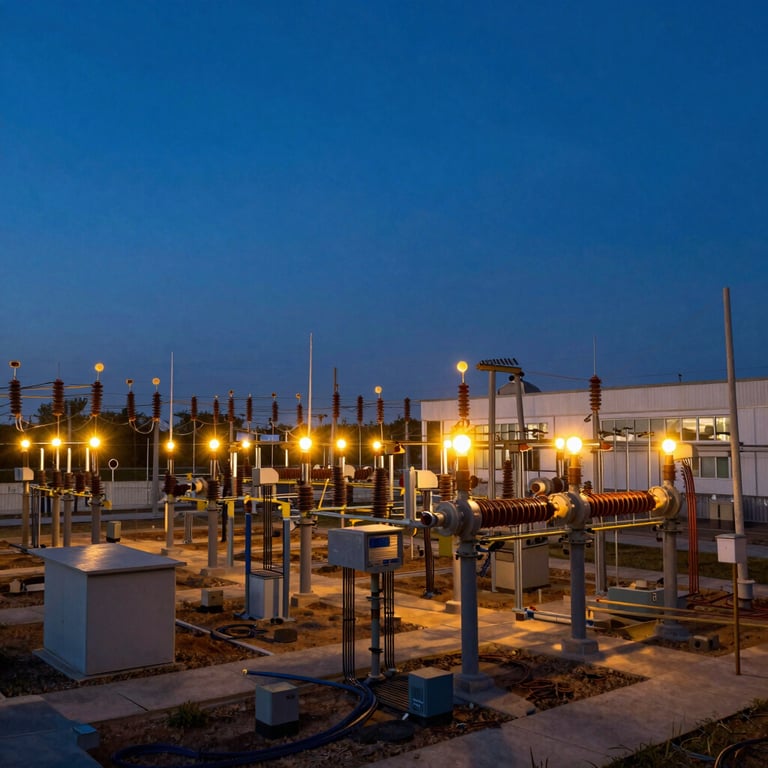 A wide shot of a complex electrical substation grid at dusk, featuring deep navy blue skies and golden safety lights.