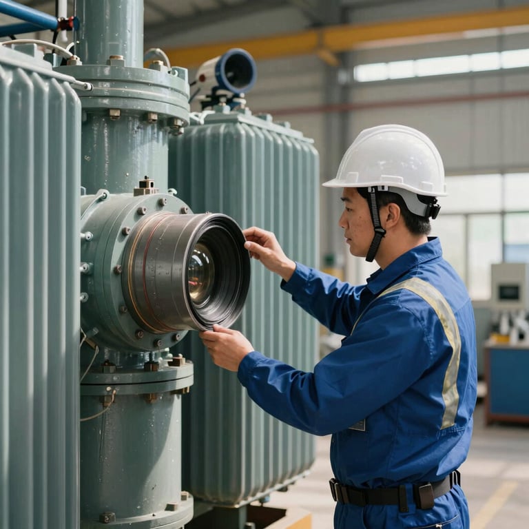 Professional engineer in full PPE and a white hardhat inspecting a large industrial transformer, bright natural lighting, industrial aesthetic.