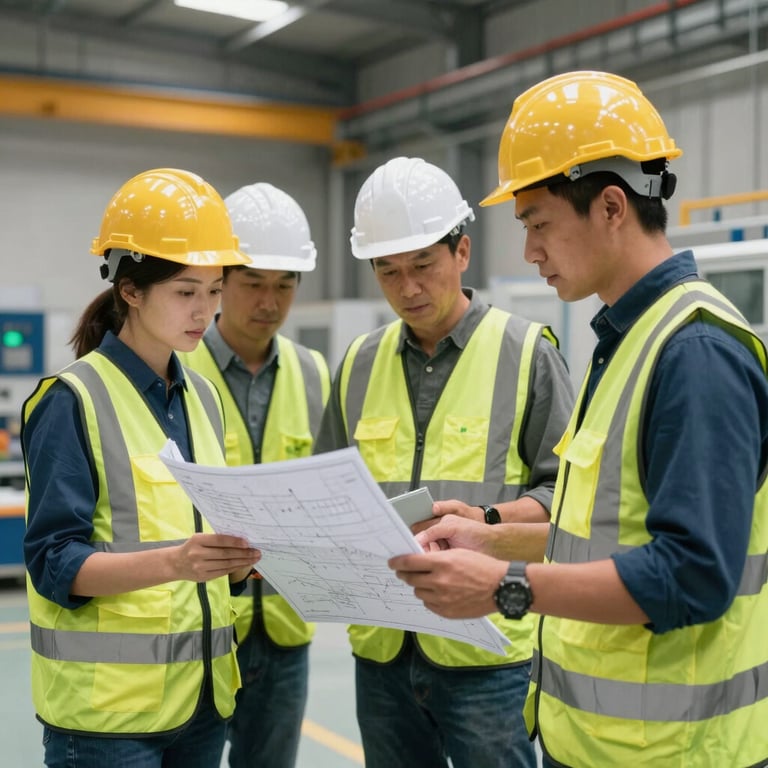 A team of engineers in high-visibility safety vests reviewing blueprints in a clean, modern industrial facility.