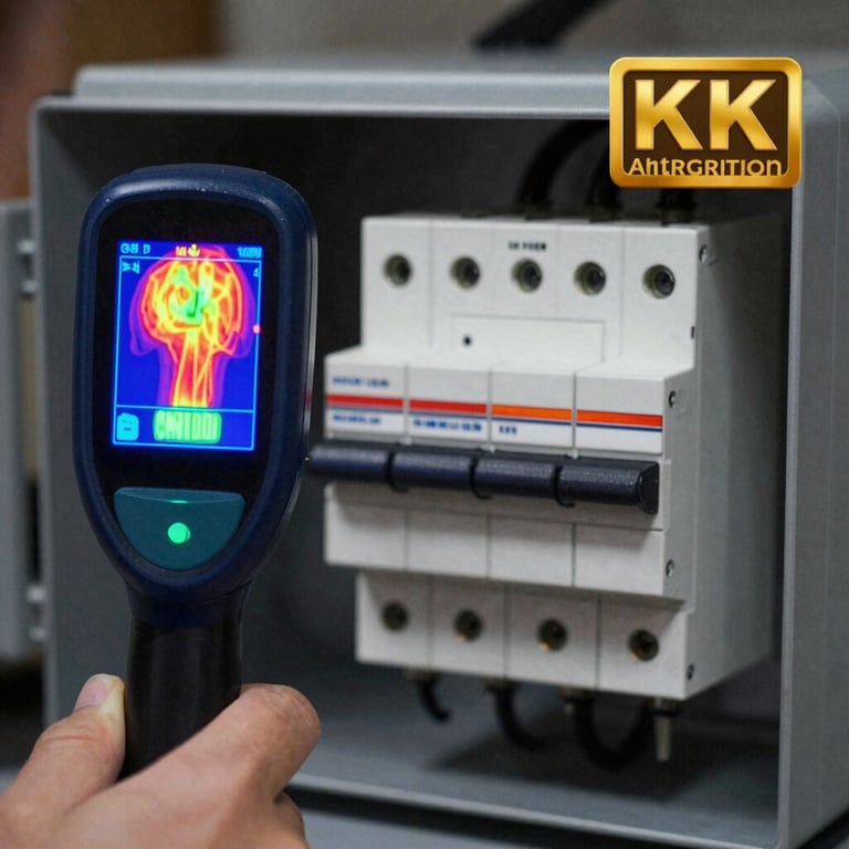 Technical view of an infrared thermography scan showing heat patterns on electrical breakers, professional diagnostic equipment.