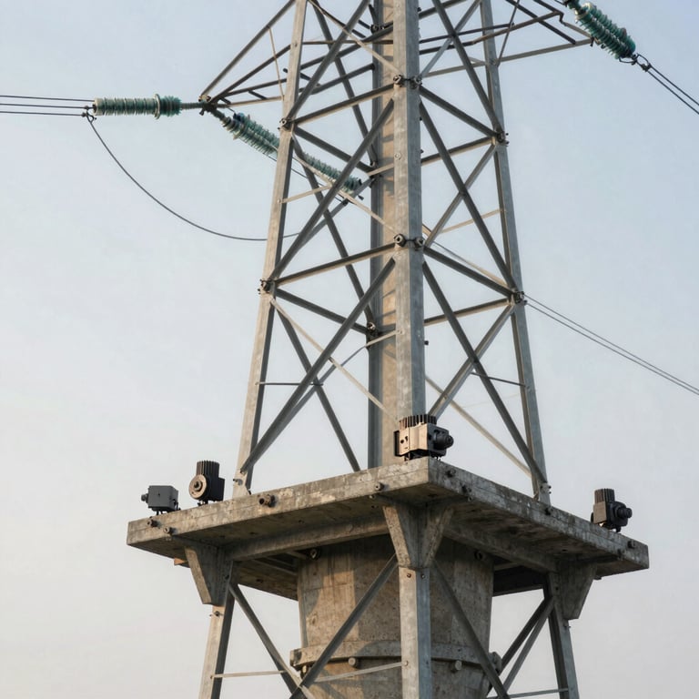 Detailed close-up of heavy-duty industrial foundations and concrete mountings for high-voltage towers, minimalist composition.