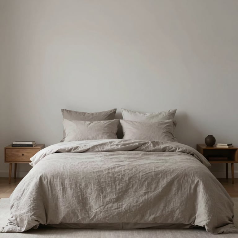 A minimalist bedroom featuring textured linens in #8C7E6A and a sophisticated, airy layout.