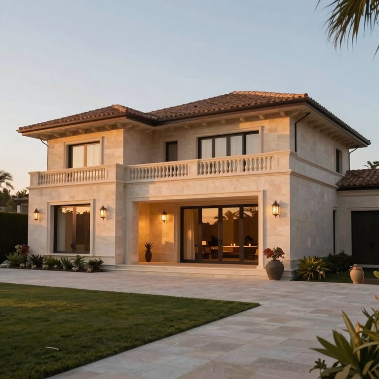 A wide shot of a luxury villa exterior at sunset, with warm lighting hitting #F8F4EC stone walls.
