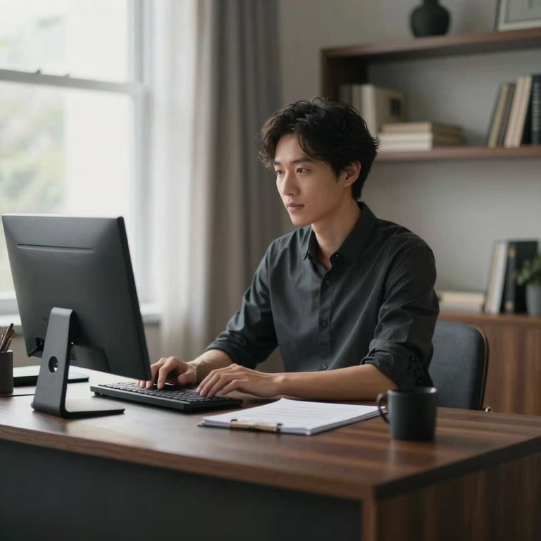 A professional home office with dark wood accents in #2A2A2A and soft, natural light.