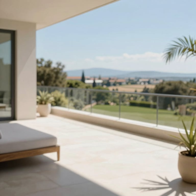 A sun-drenched terrace overlooking a pristine landscape, illustrating premium lifestyle real estate.