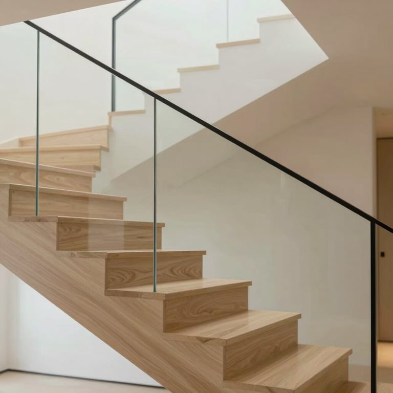 Detail of a designer staircase made of light wood and glass, showcasing modern architectural elegance.