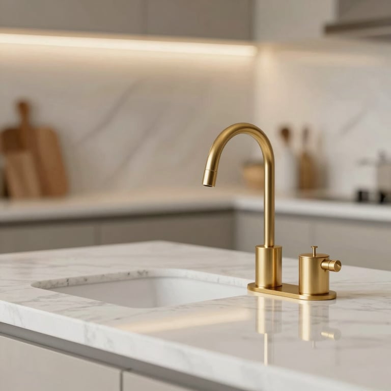 A close-up of a marble countertop with gold fixtures, reflecting the #A38E6D brand palette in a modern kitchen.